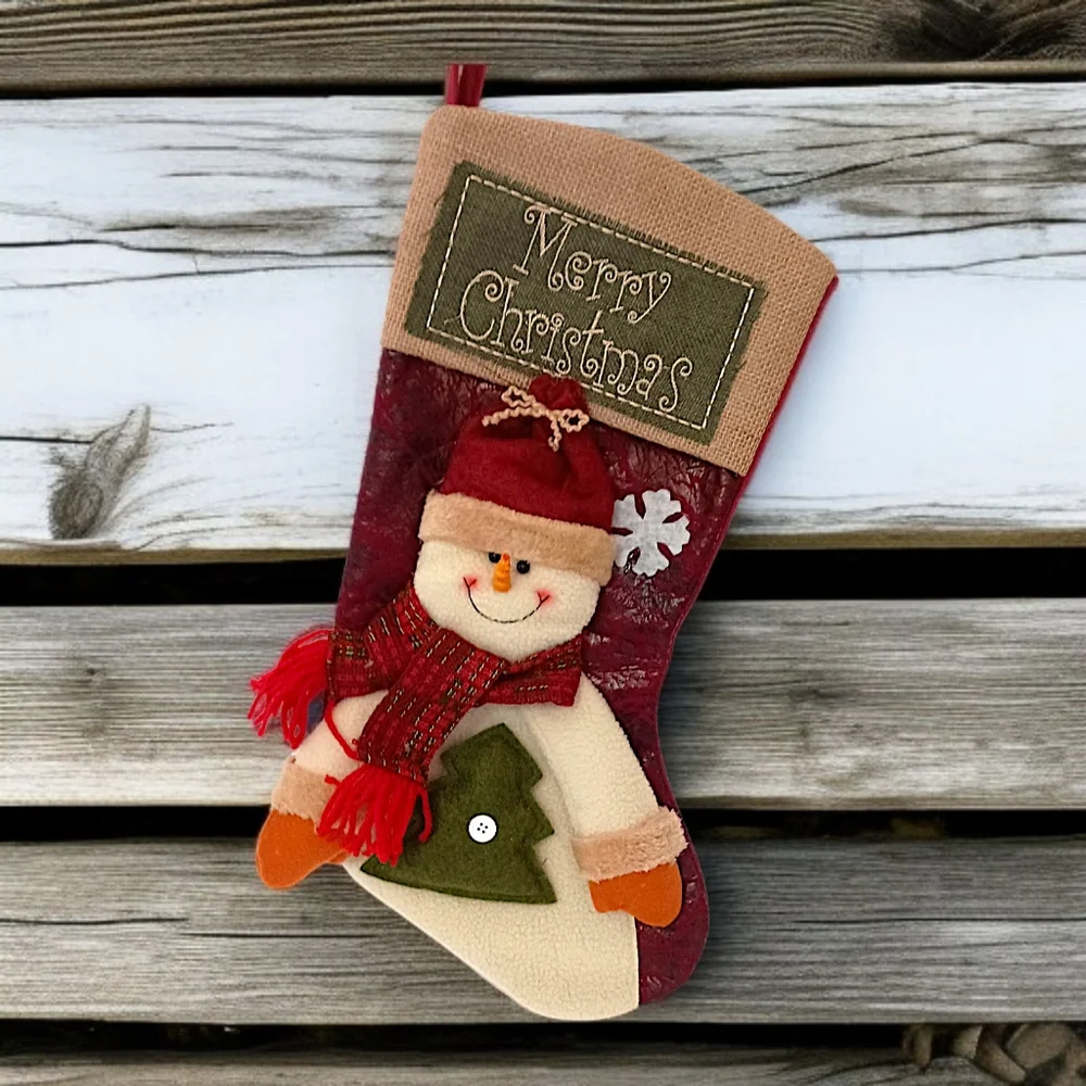 3D Snowman‎ Plush Christmas Stocking Felt Merry Christmas Embroidery Farmhouse